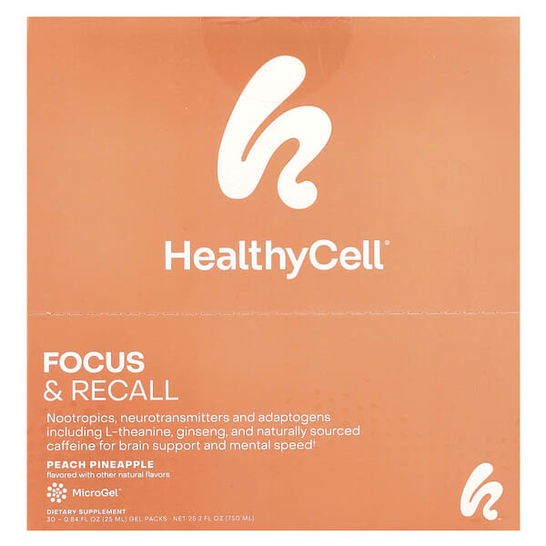 HealthyCell, Focus & Recall, персиковый ананас, 30 гелевых пакетиков по 25 мл (0,84 жидк. Унции)