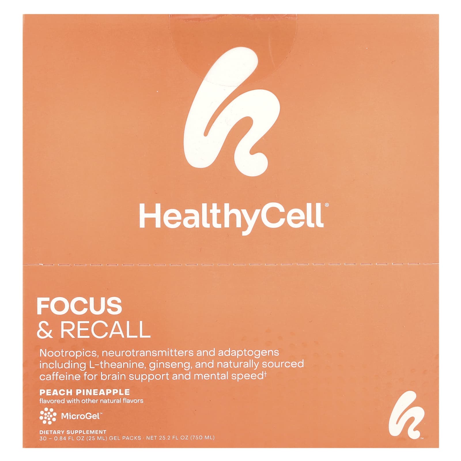 HealthyCell, Focus - Recall, персиковый ананас, 30 гелевых пакетиков по 25 мл (0,84 жидк. Унции)