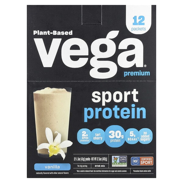 Vega, Sport, протеин премиального качества на растительной основе, ваниль, 12 пакетиков, 41 г (1,5 унции)