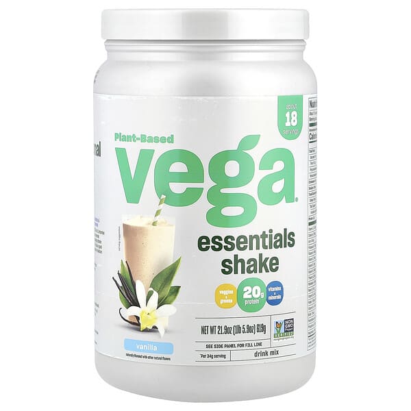 Vega, Растительный коктейль Essentials, ваниль, 619 г (1 фунт 5,9 унции)