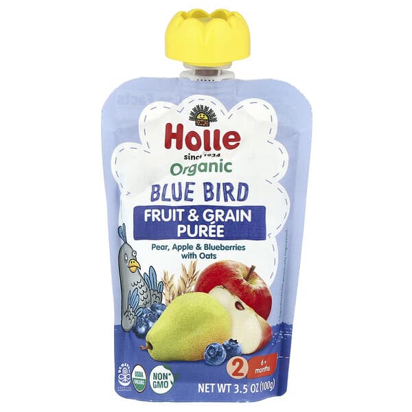 Holle, Органическое пюре из фруктов и злаков, Blue Bird, от 6 месяцев, груша, яблоко и голубика с овсом, 100 г (3,5 унции)