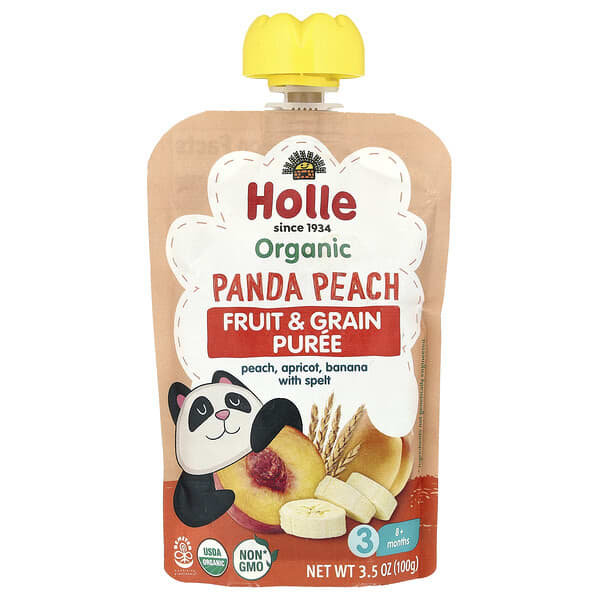 Holle, Органическое фруктовое и зерновое пюре, панда, персик, от 8 месяцев, персик, абрикос, банан с полбой, 100 г (3,5 унции)