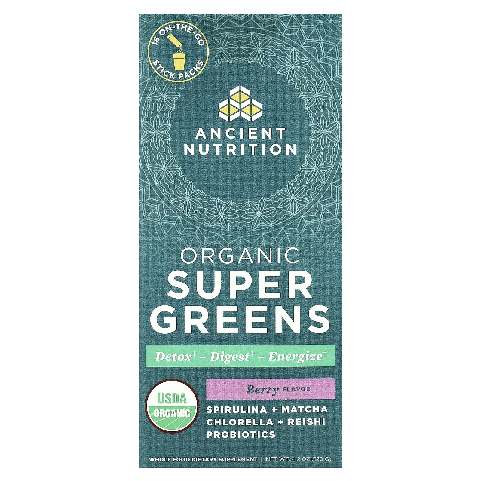 Ancient Nutrition Organic Super Greens ягоды 16 упаковок в виде стиков по 75 г 03 унции каждая 6290₽