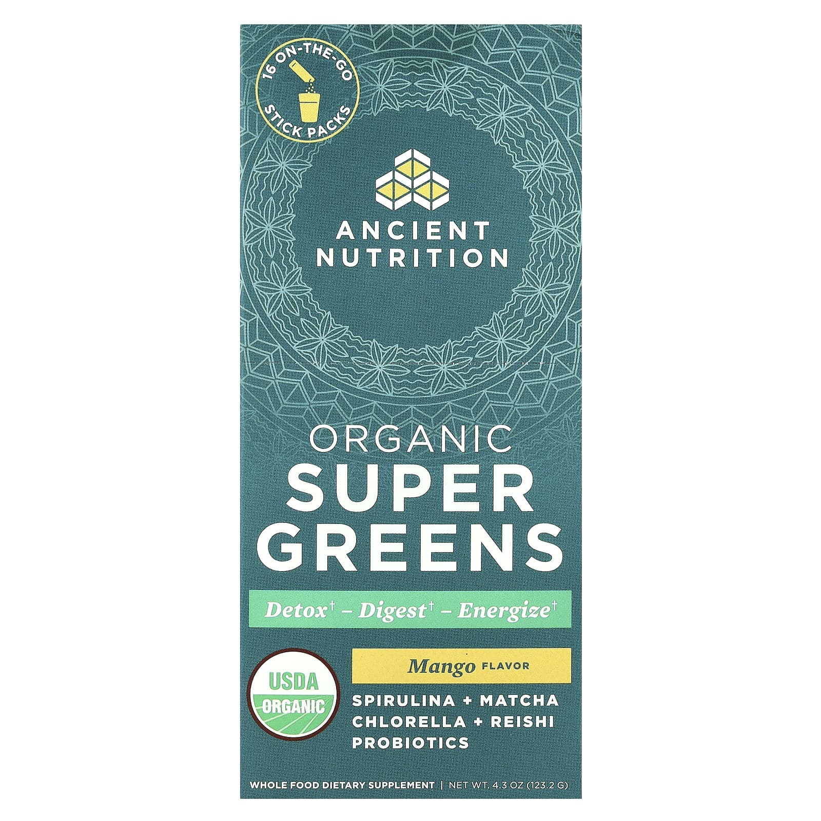 Ancient Nutrition Organic Super Greens манго 16 пакетиков в виде стиков по 77 г 03 унции 6290₽