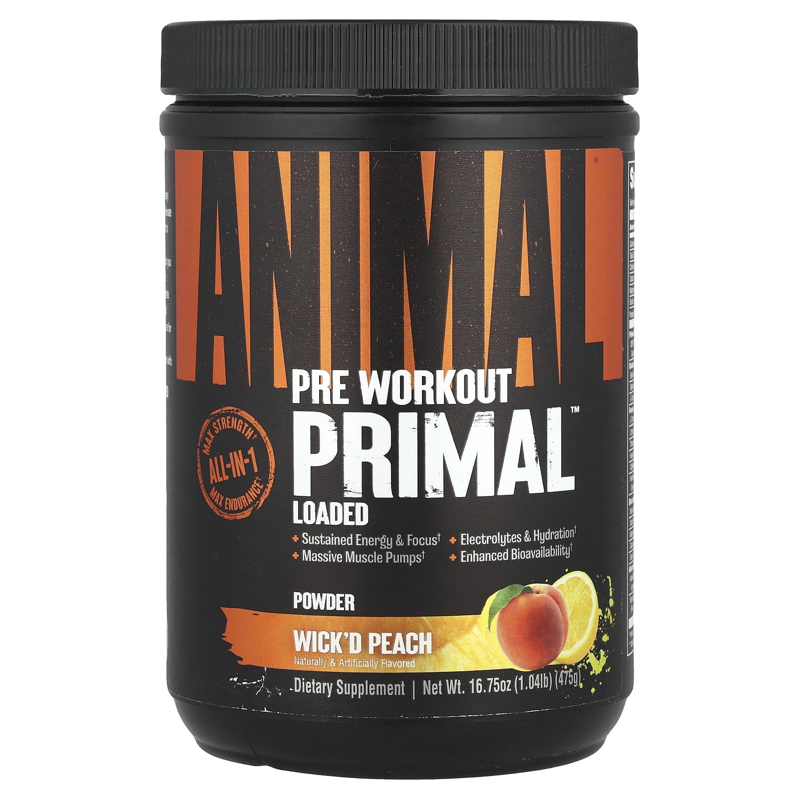 Animal Порошок Primal перед тренировкой персиковый 475 г 104 фунта 8590₽
