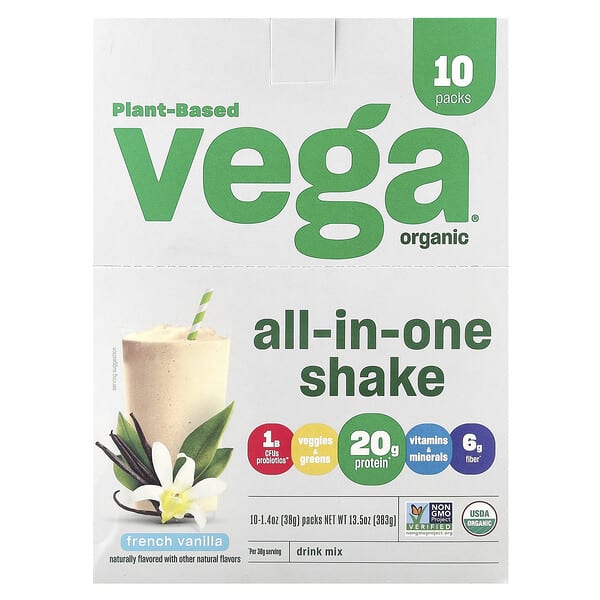 Vega, Растительный, органический универсальный коктейль, французская ваниль, 10 пакетиков по 38 г (1,4 унции)