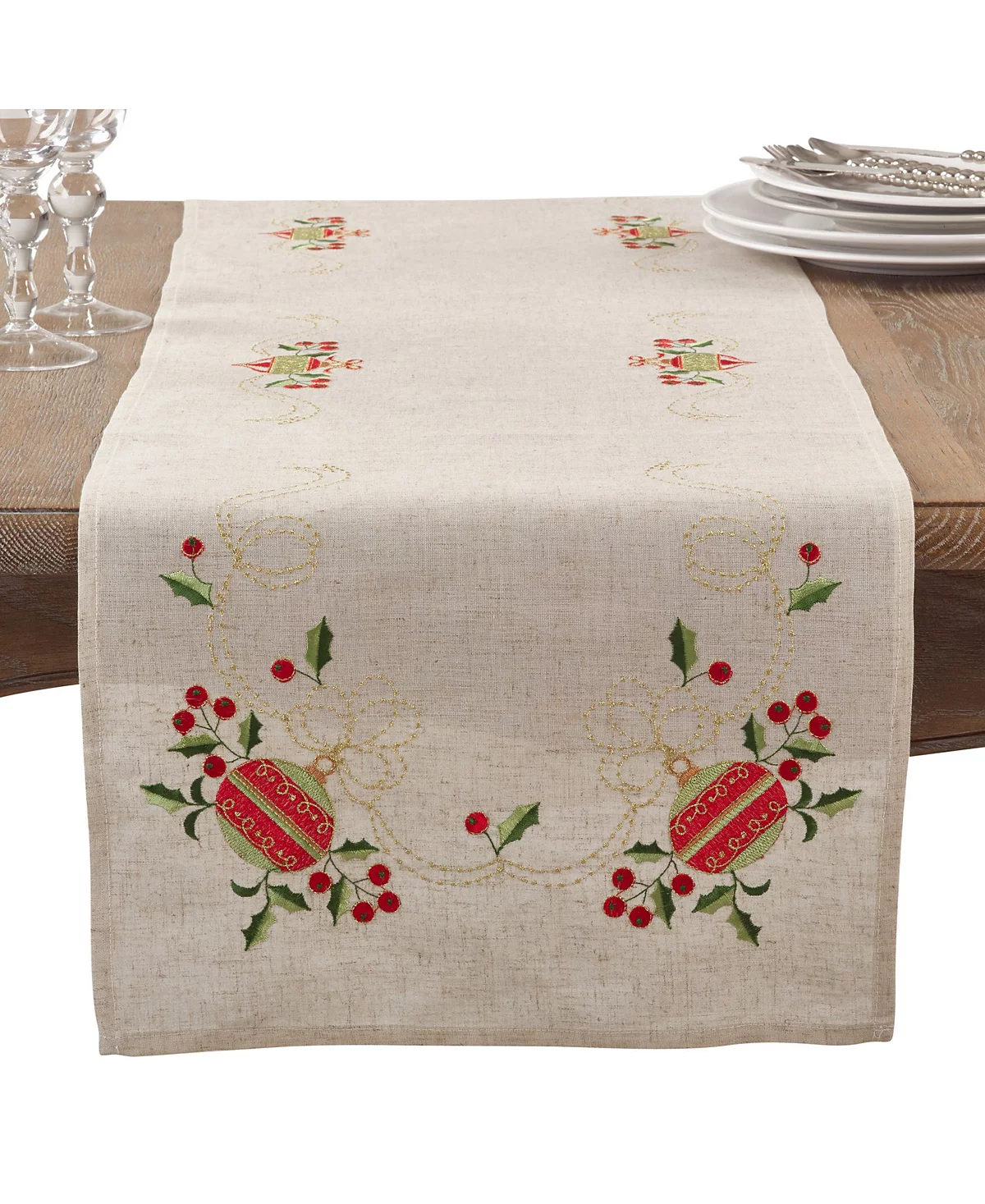 Saro Lifestyle Embroidered Ornament Holiday Linen Blend Table Runner 16 x 90 4790₽