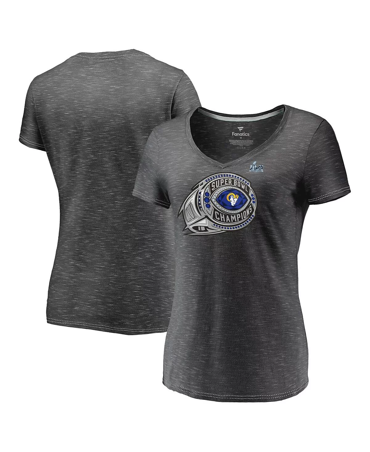 Womens Fanatics Heather Charcoal Los Angeles Rams Super Bowl LVI Champions Ring Bling V-Neck T-shirt 4890₽