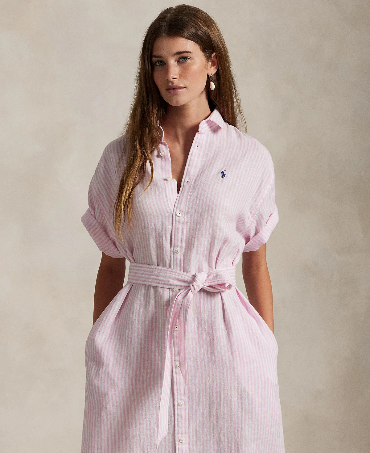 Женская рубашка-рубашка Polo Ralph Lauren в полоску из 100% льна с коротким рукавом