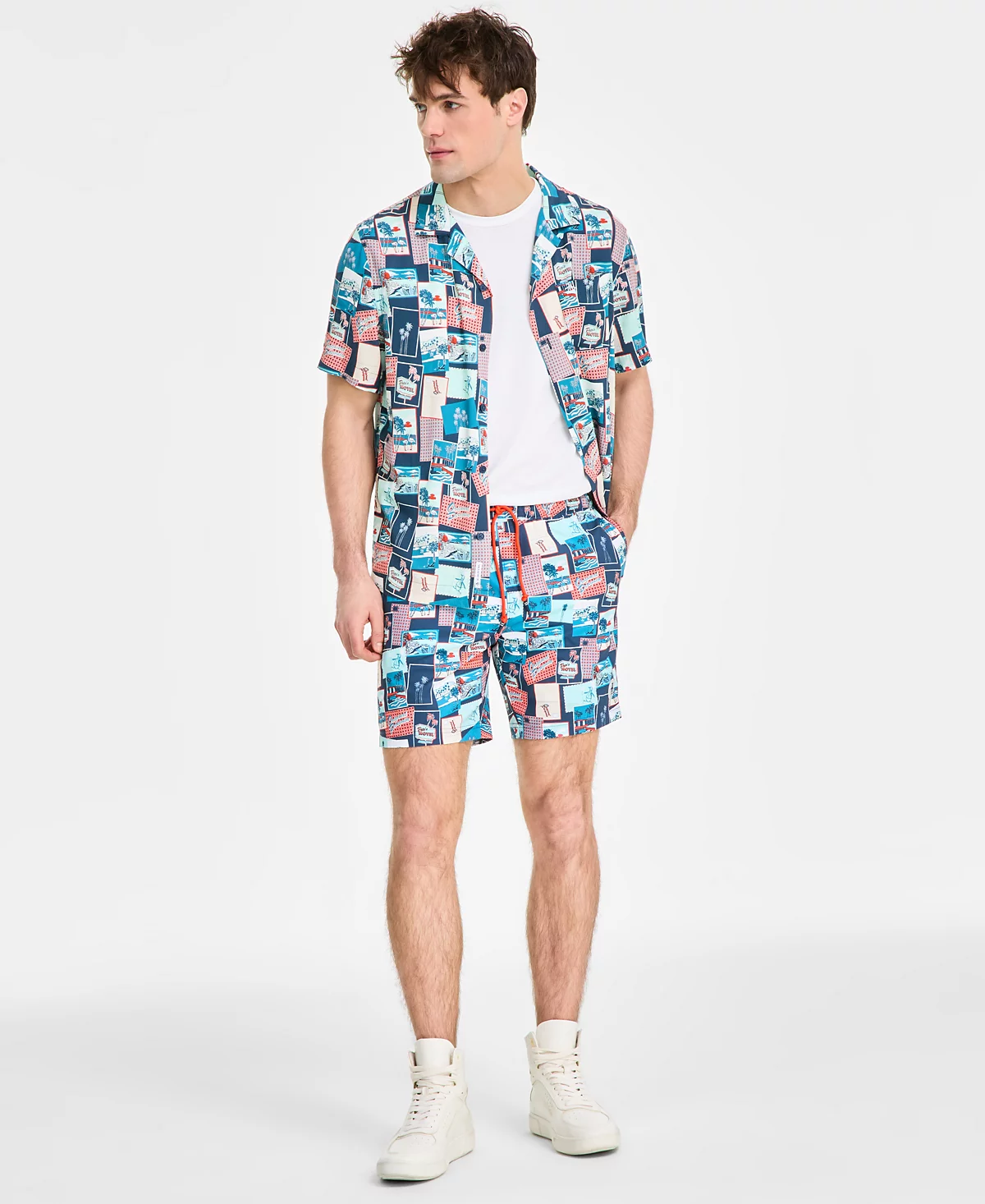 Оригинальная мужская приталенная лагерная рубашка с тропическим принтом Penguin на пуговицах 18090₽