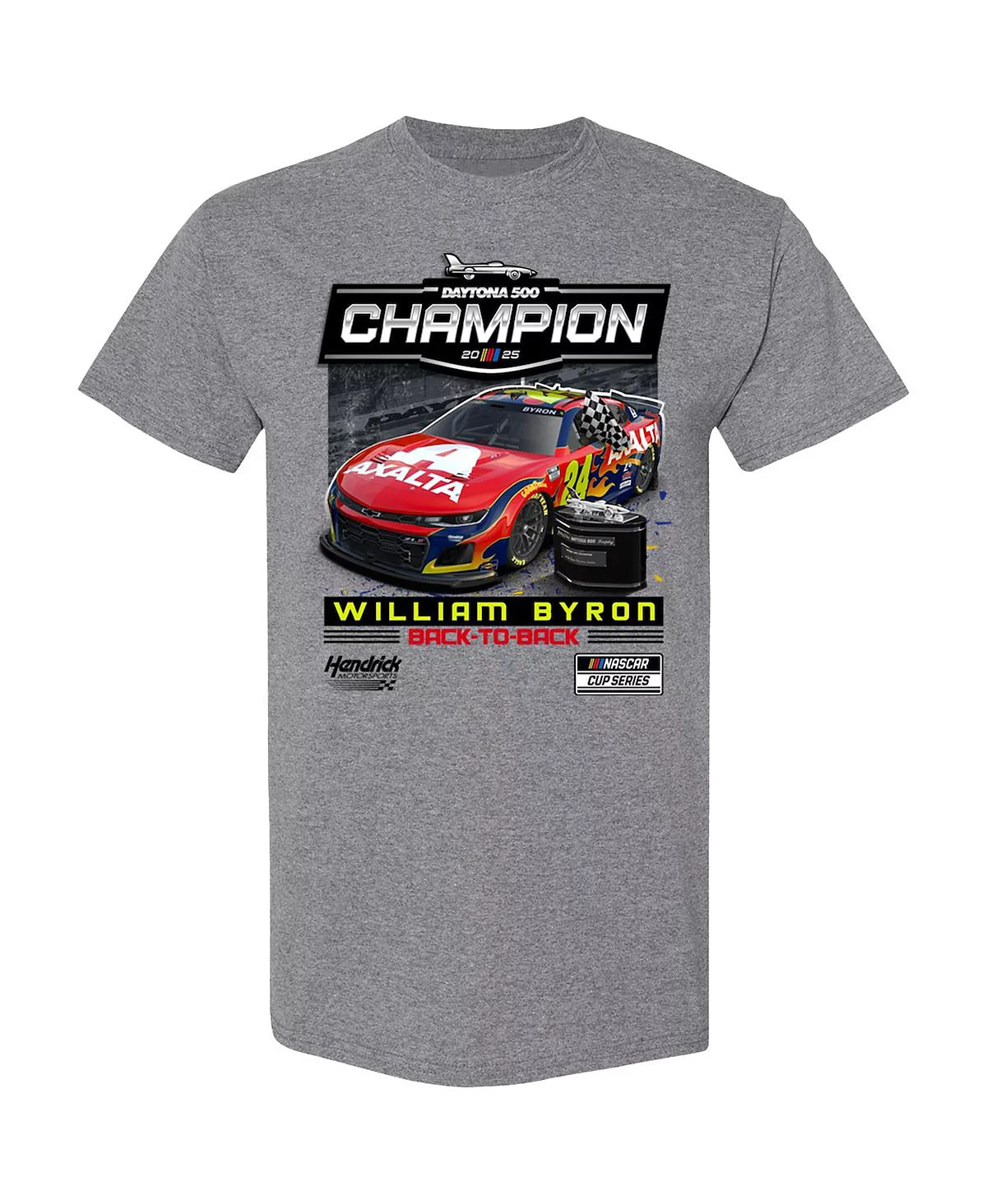 Спортивная мужская футболка с клетчатым флагом Heather Gray William Byron 2025 Daytona 500 Champion Winner