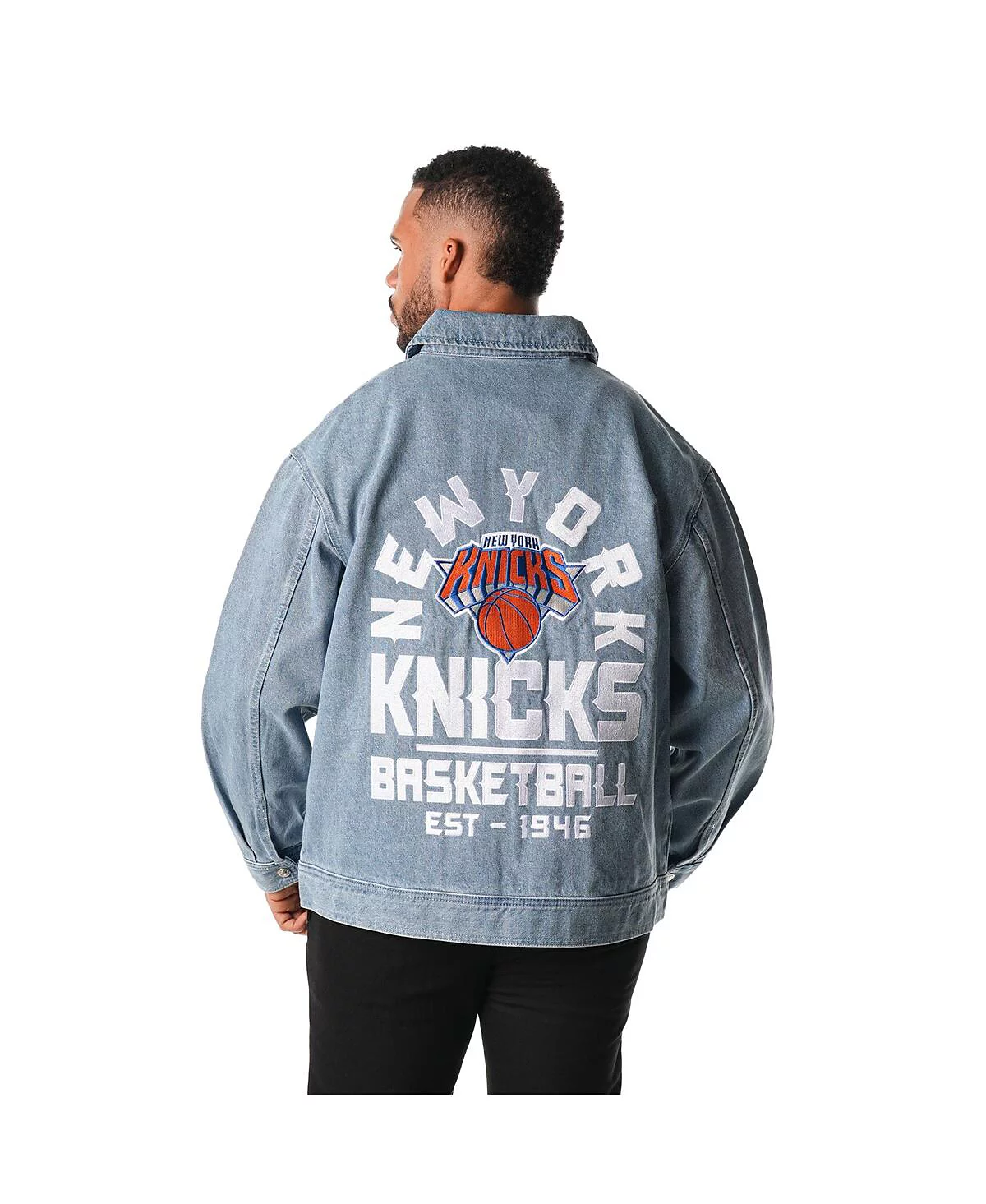 Мужская и женская синяя джинсовая куртка New York Knicks Coachs на молнии от The Wild Collective синего цвета