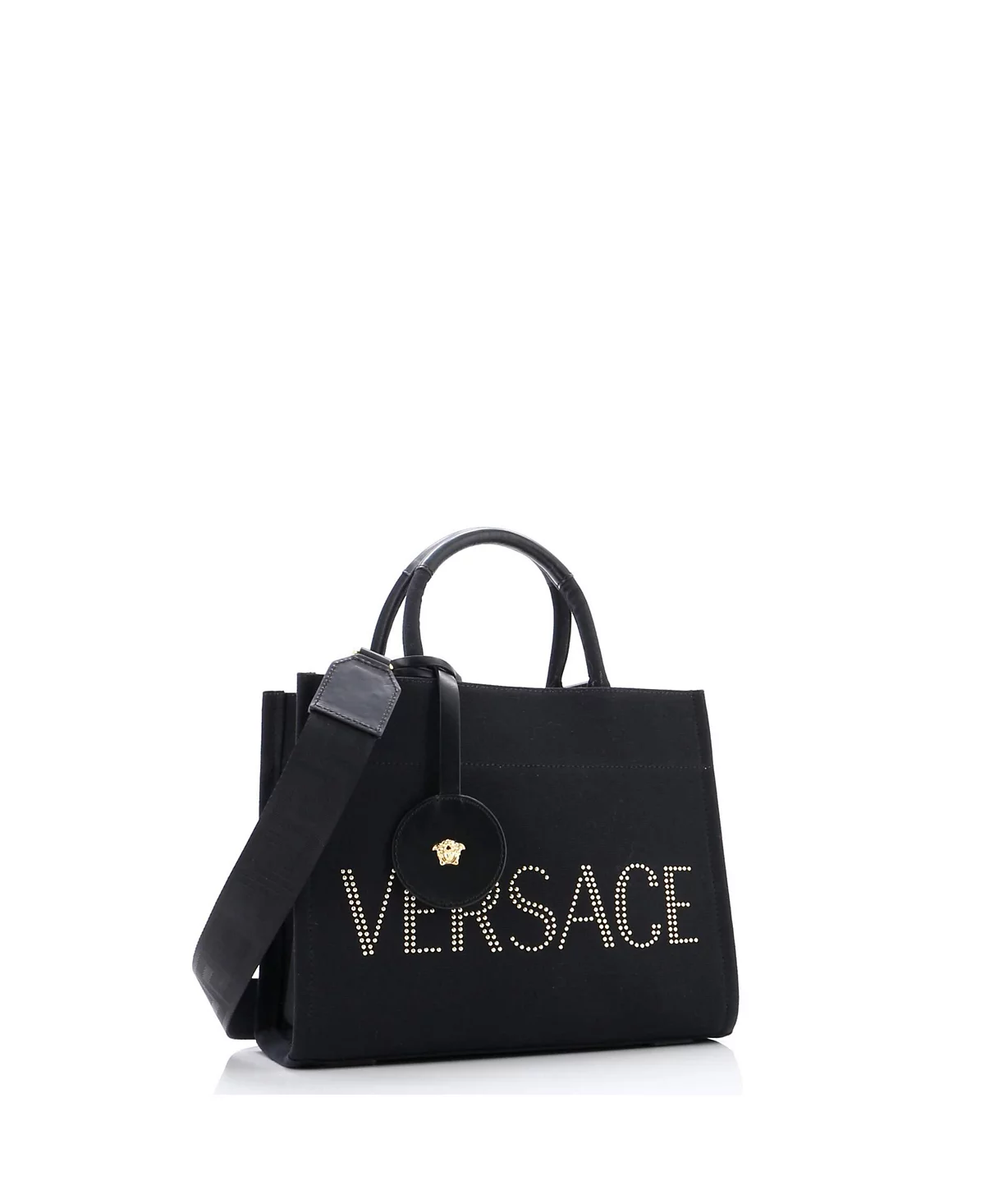 Маленькая сумка-трансформер с логотипом Versace, бывшая в употреблении, из парусины с заклепками