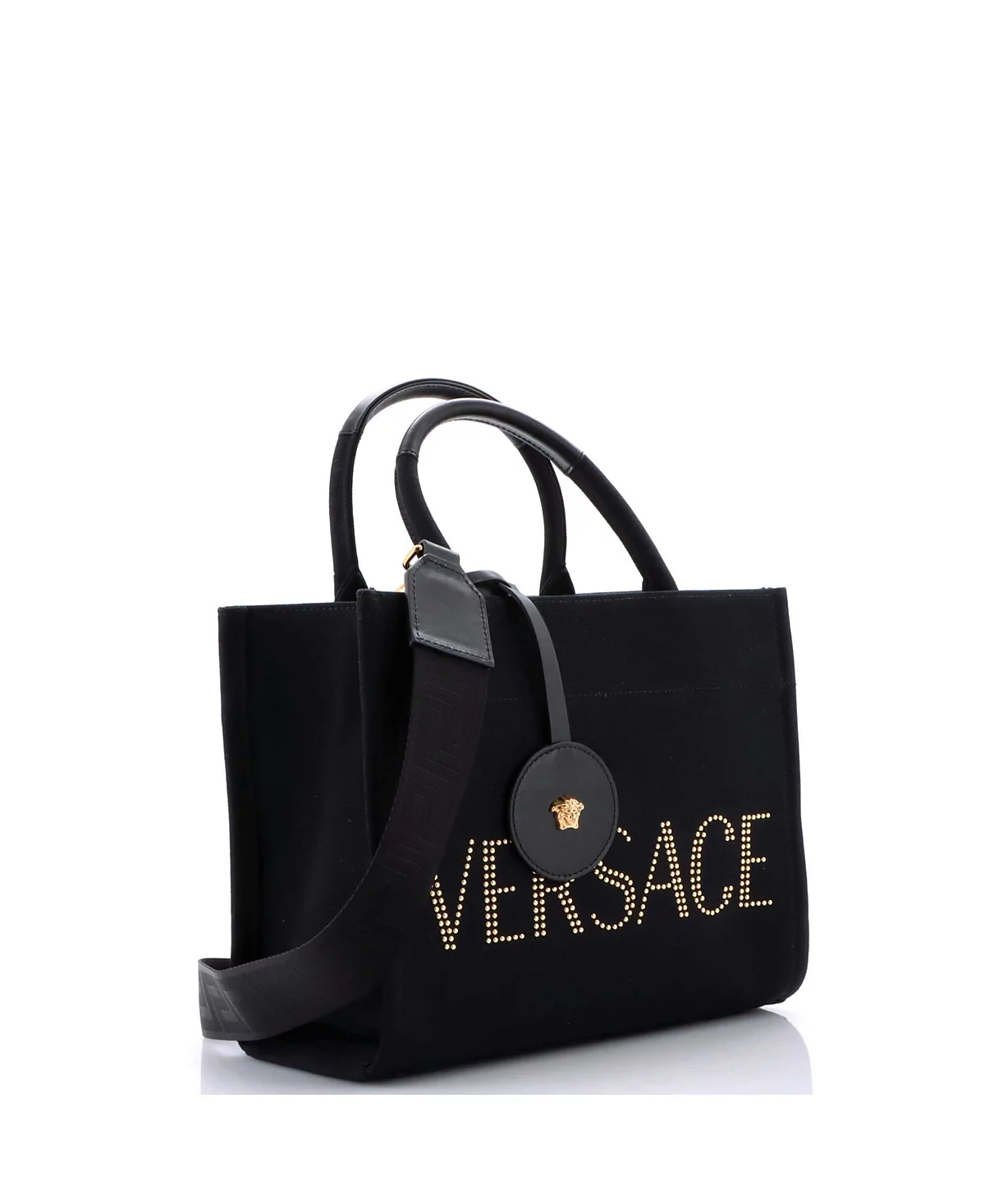 Бывшая в употреблении сумка-тоут Versace Medium La Medusa из парусины с шипами
