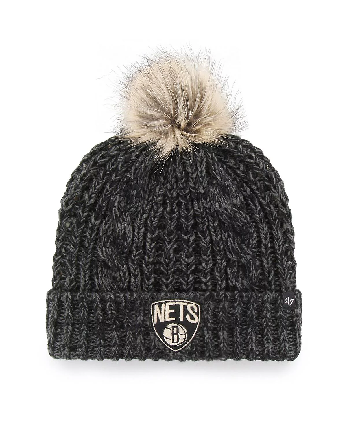 Womens Black Brooklyn Nets Meeko Cuffed Knit Hat with Pom 5090₽