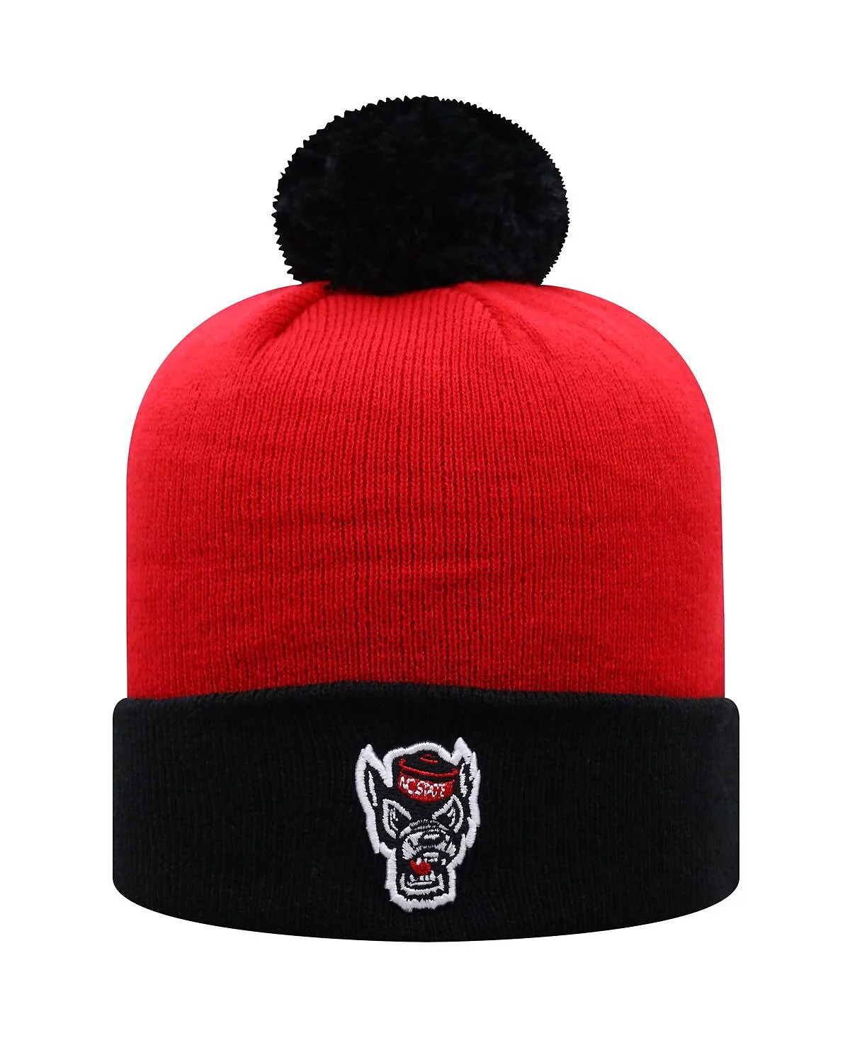 Men's Top of the World Red and Black NC State Wolfpack Core 2-Tone Cuffed Knit Hat with Pom