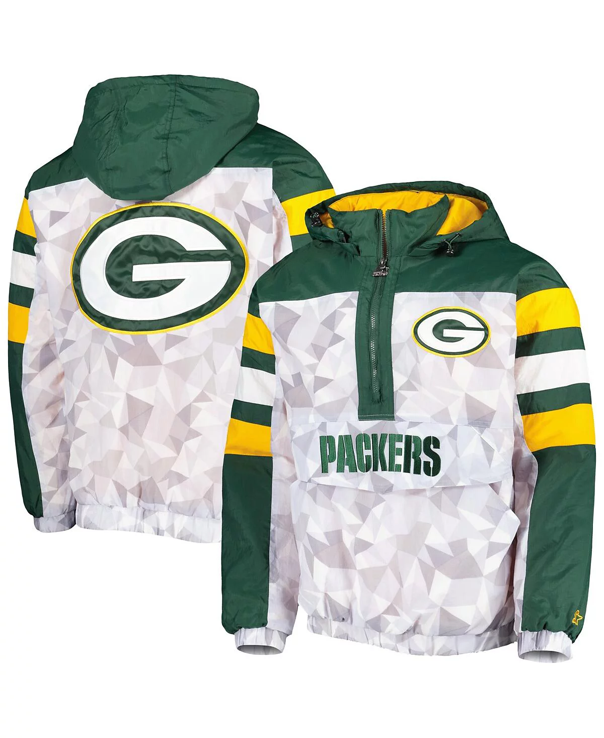 Mens Starter White Green Green Bay Packers Thursday Night Gridiron Raglan Half-Zip Hooded Jacket 32690₽