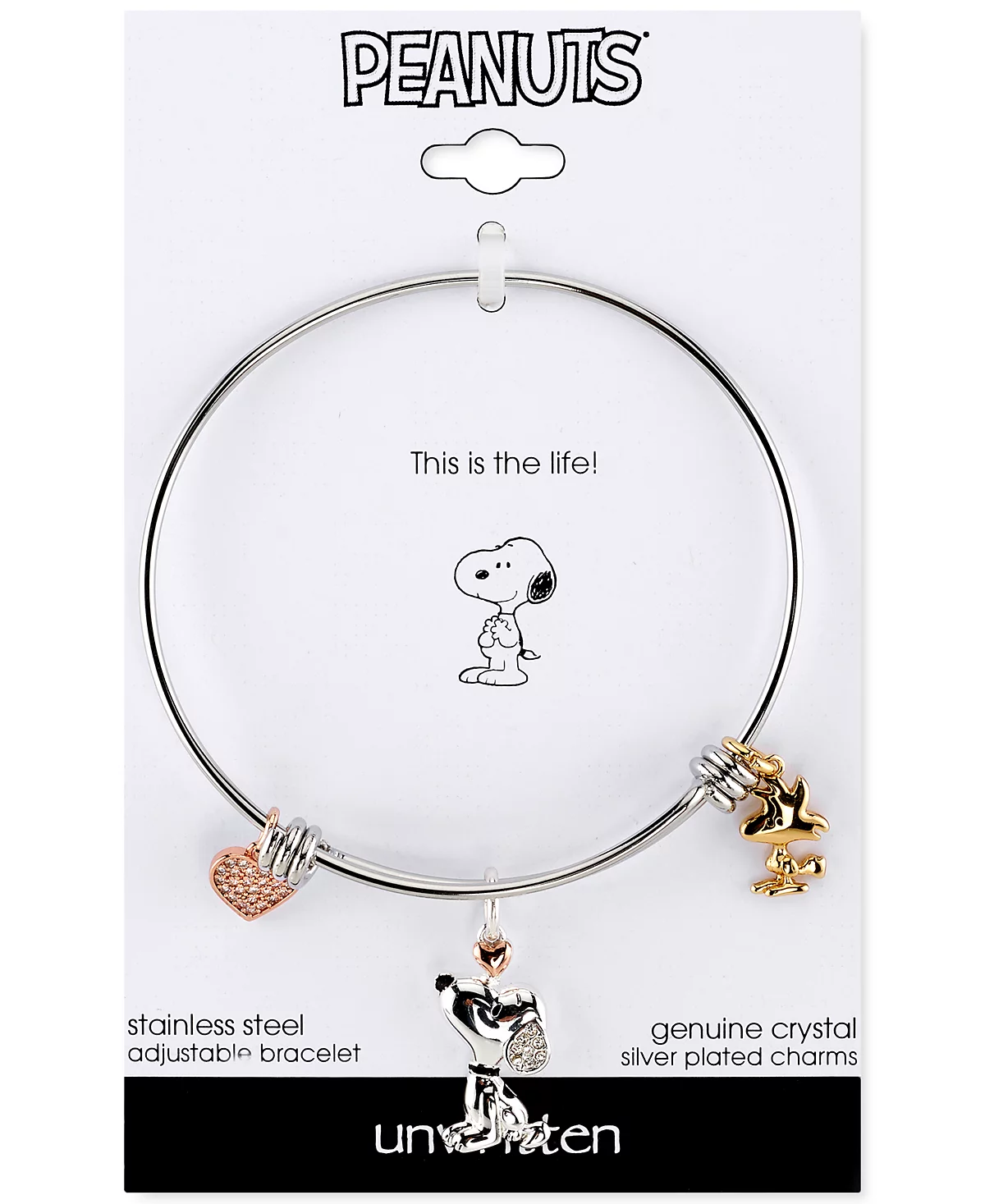 Браслет с надписью Snoopy - Woodstock Bangle из нержавеющей стали с посеребренными подвесками