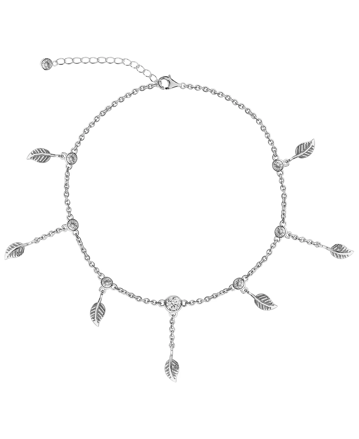 Браслет на ножку из чистого серебра с тончайшими фианитами и листьями из чистого циркония