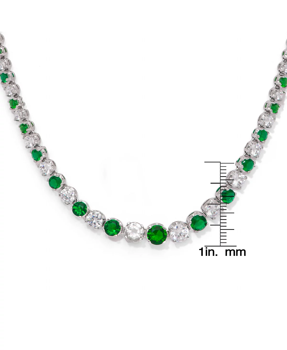 Колье с имитацией изумрудного круглого звена в серебряной оправе