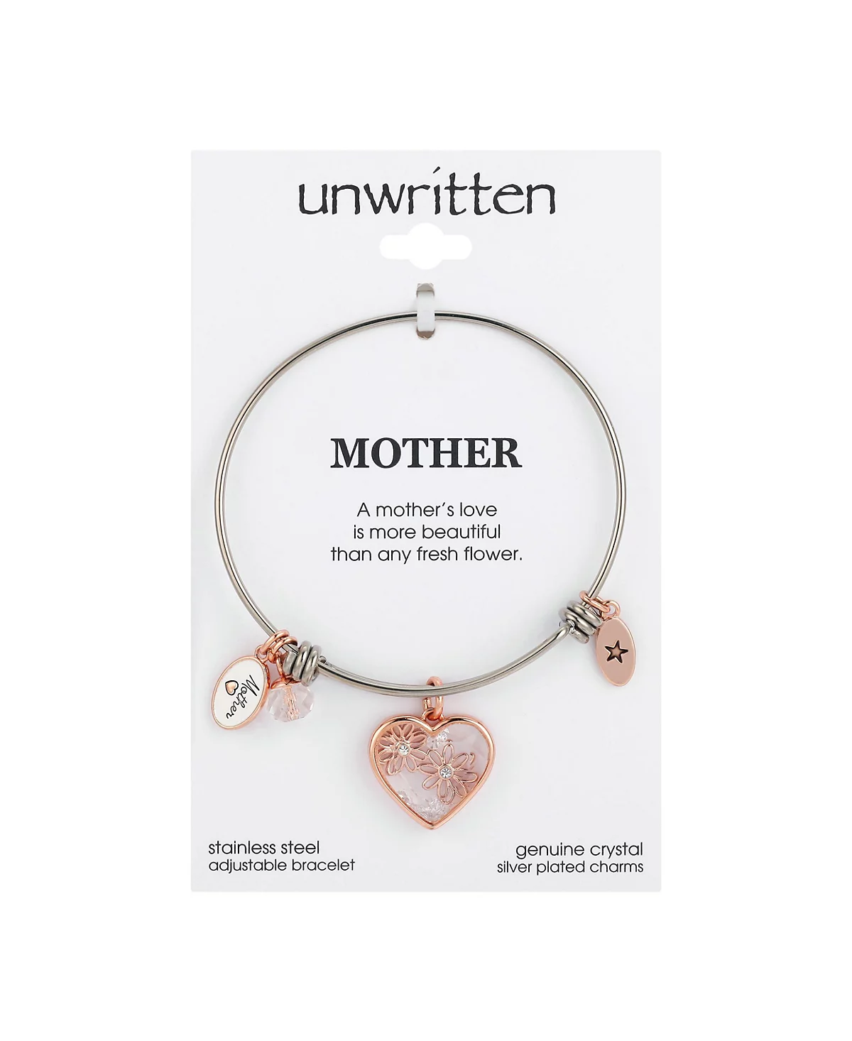 Браслет из розового золота с двухцветным кристаллом из нержавеющей стали в виде сердца и цветка 