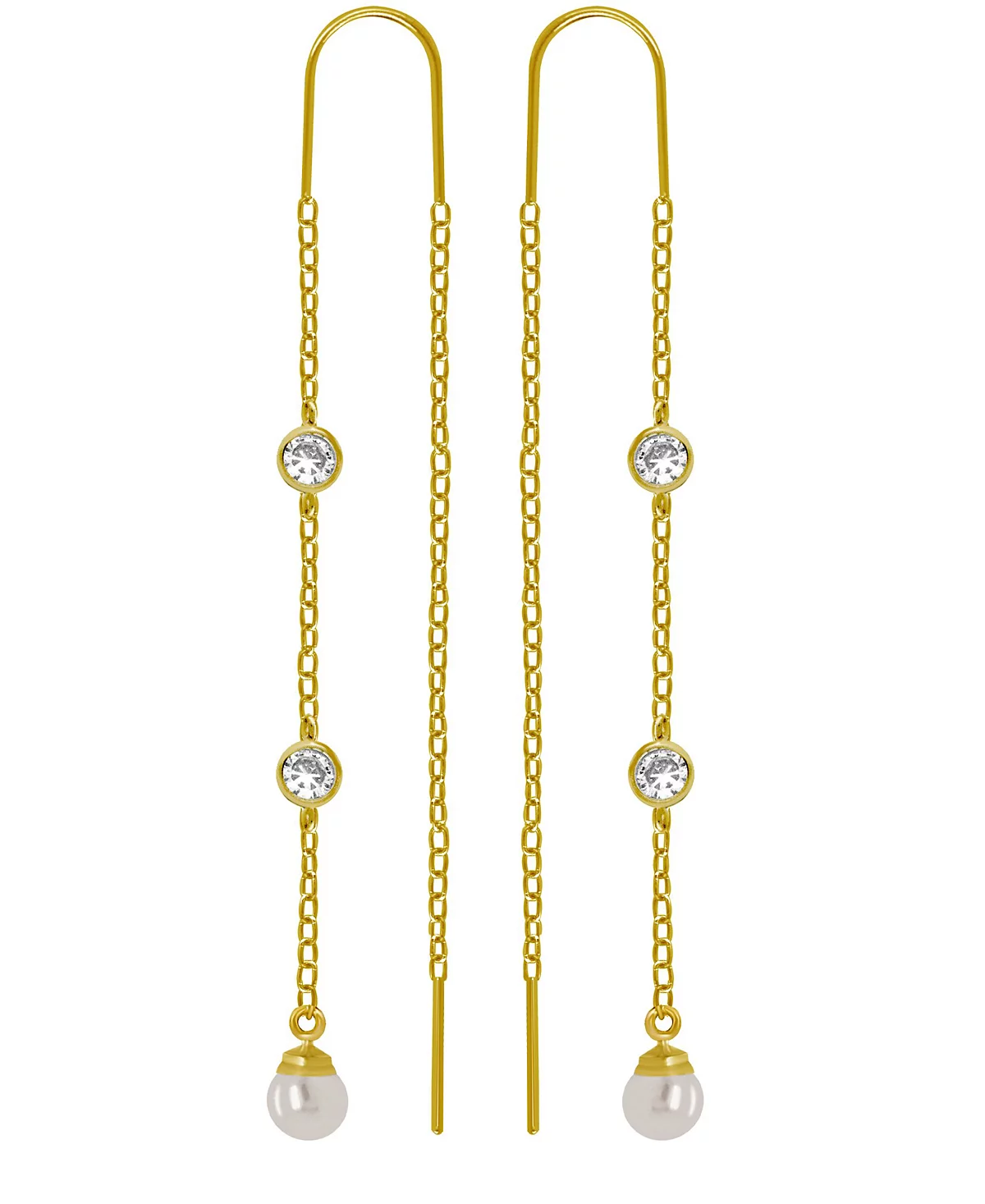 Серьги-нитки с имитацией кубического циркония и искусственного жемчуга покрытые позолотой 18 карат 5690₽
