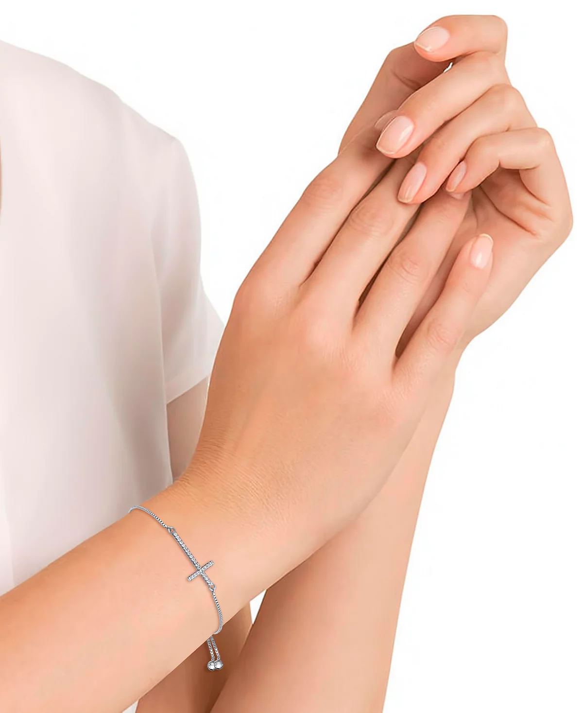 Браслет-боло с регулируемым ползунком в виде креста из кубического циркония в серебряной пластине