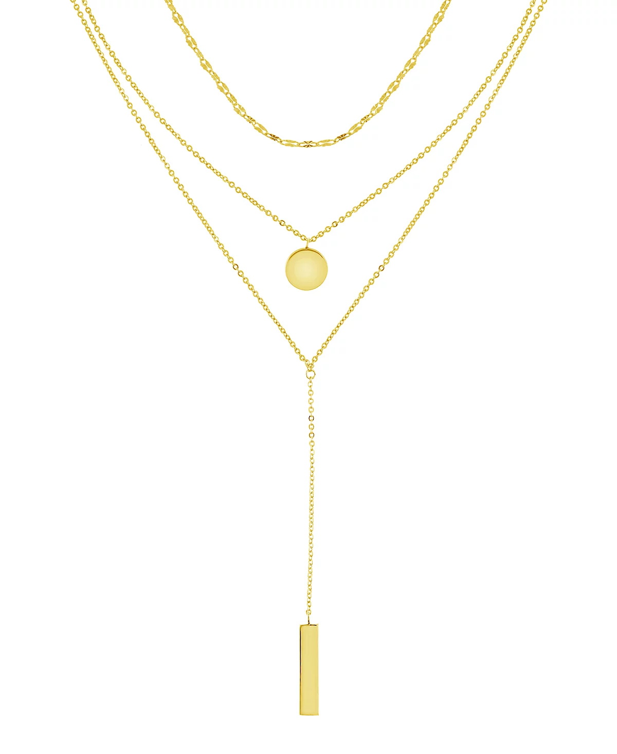 А теперь это многослойное колье Disc - Bar диаметром 15 дюймов на тройной цепочке из золотой или серебряной пластины 5690₽