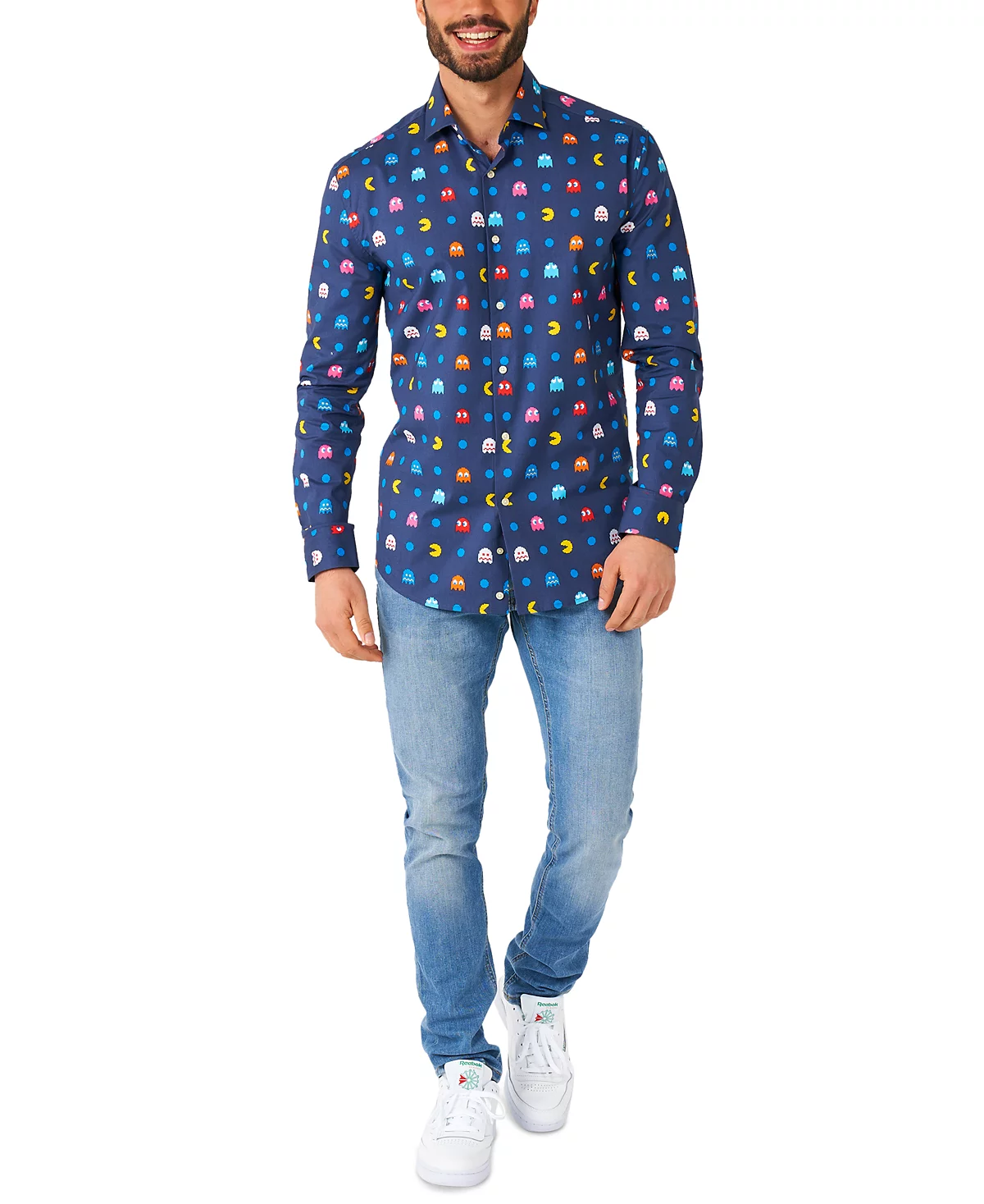 Официальная футболка PAC-MAN от OppoSuits Big - Tall Pixel - Игровой костюм в стиле ретро - Включает в себя 1 рубашку на пуговицах - Синюю - С длинным рукавом 10490₽