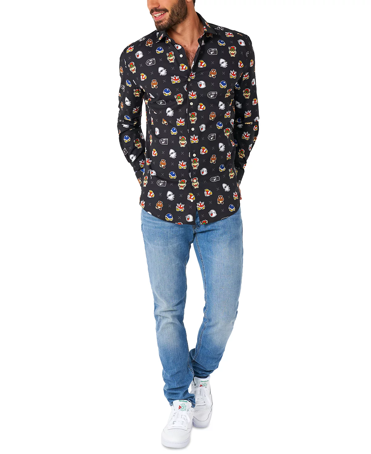 Мужская футболка Super Mario Bad Guys от Oppositives - Экипировка для Nintendo - Включая 1 рубашку на пуговицах - Черная - С длинным рукавом 11390₽