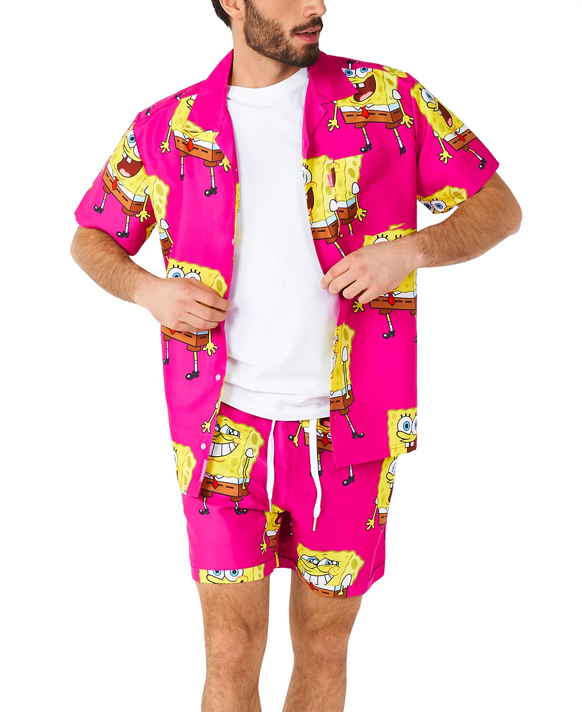 Мужской гавайский комплект из 2 предметов OppoSuits - Пляжная одежда для плавания SpongeBob - Приталенный крой - Включает рубашку с коротким рукавом и шорты 11390₽