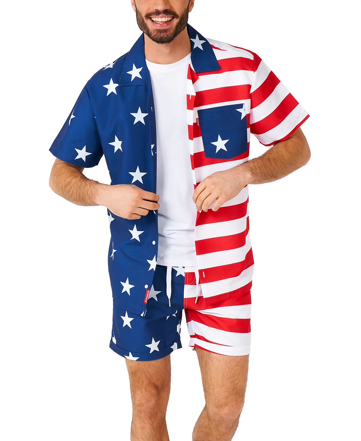 Мужской гавайский комплект из 2 предметов OppoSuits - Пляжная одежда для плавания с флагом США - Приталенный крой - Включает рубашку на пуговицах с коротким рукавом и шорты