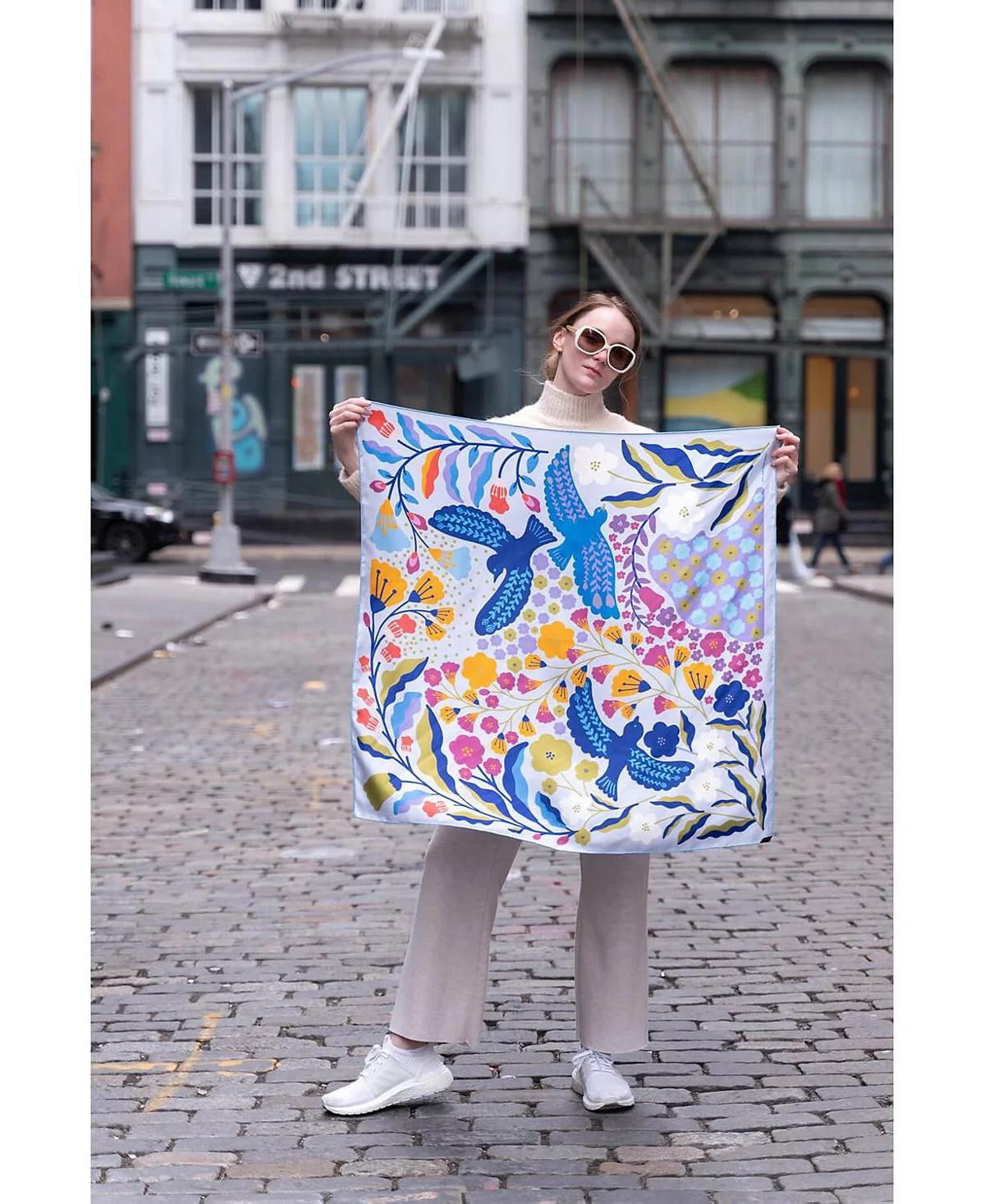 Джесси Чжао Нью-Йоркский двусторонний шелковый шарф с голубыми птицами