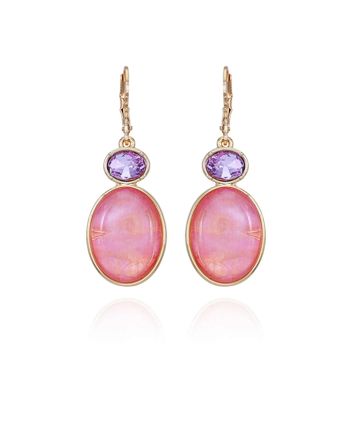 Золотистые серьги-капли из розового и сиренево-фиолетового стекла T Tahari с каменными подвесками