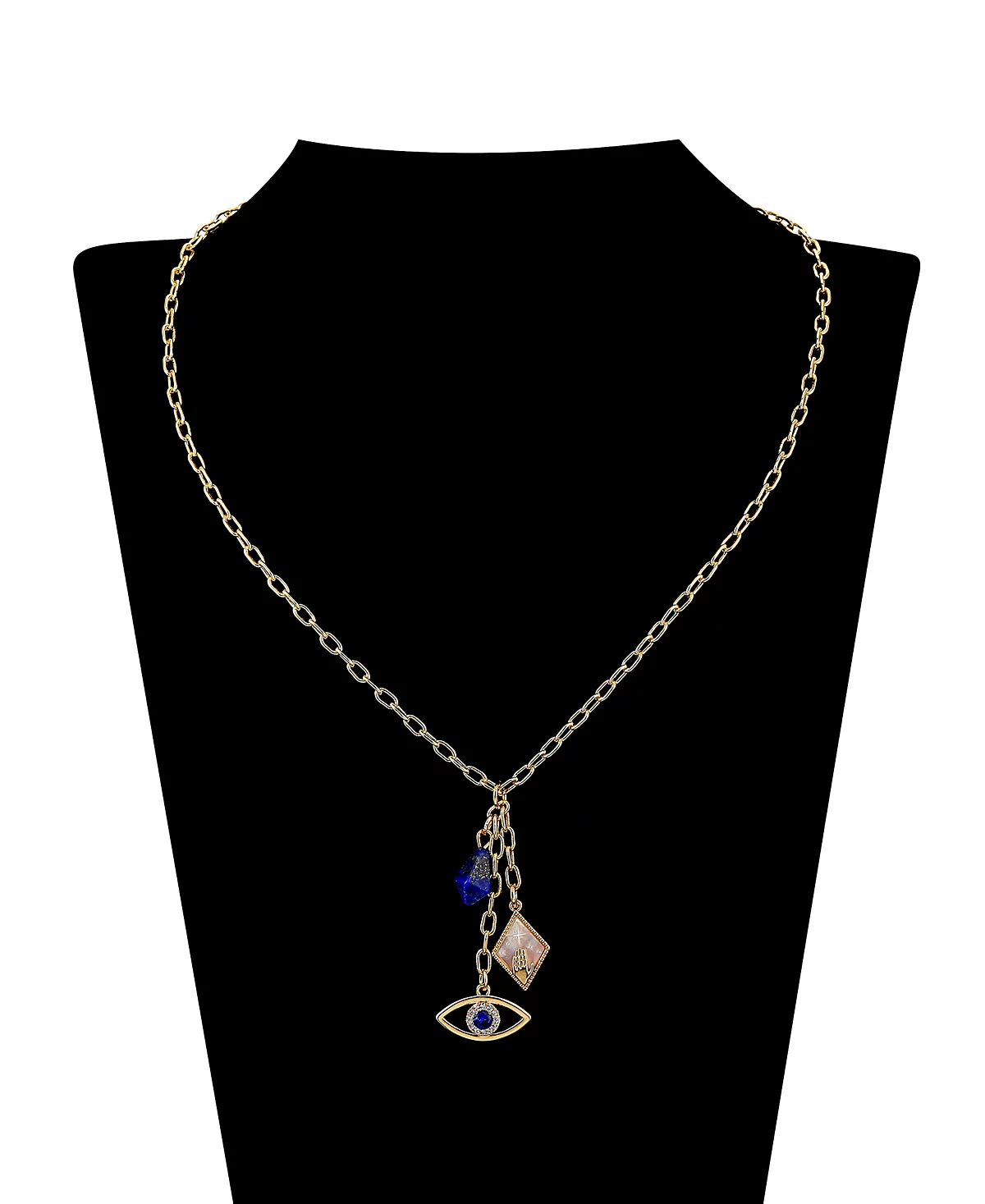 Неписаный Лазурит, Кубический цирконий, перламутр, Сглаз, Хамса, подвеска-шарм в виде руки, Y-образное ожерелье