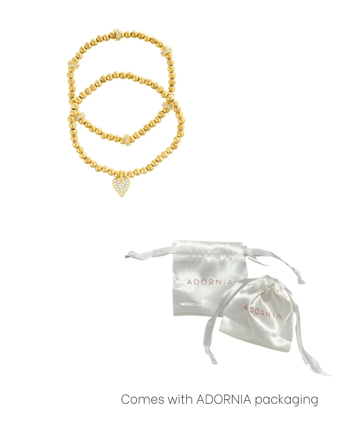 ADORNIA Gold Plated Pair of Bead Bracelets with Crystal Heart 5290₽