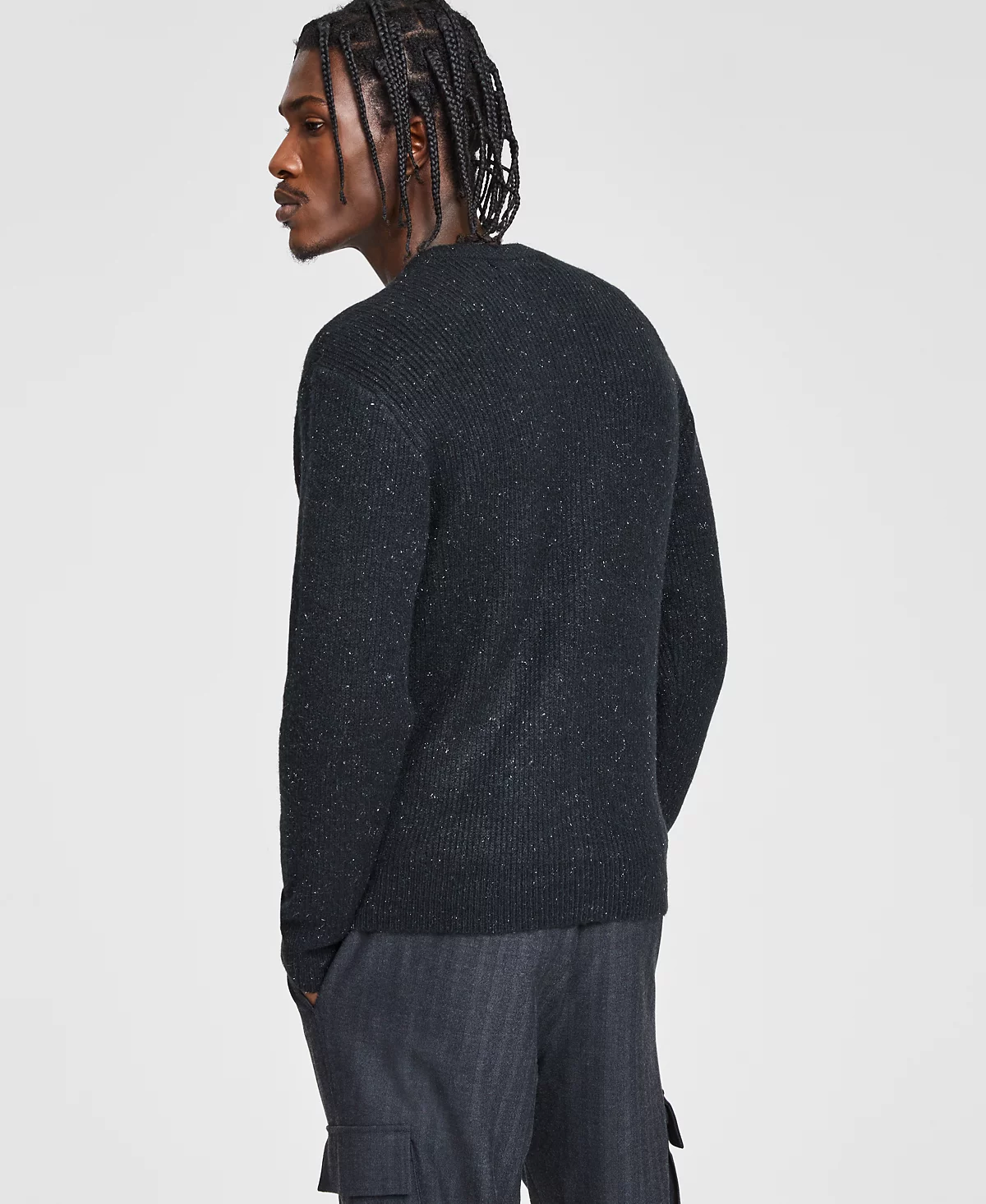 Мужской свитер-кардиган в рубчик с блестками спереди на молнии из блестящей мишуры