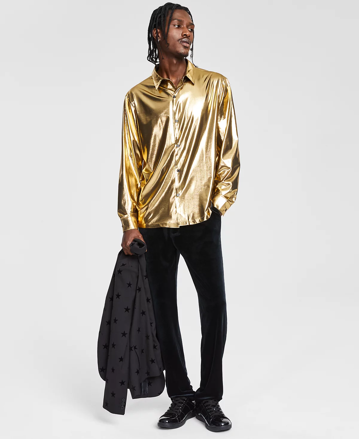 Мужская металлическая рубашка с длинным рукавом и пуговицами спереди из мишуры 3390₽