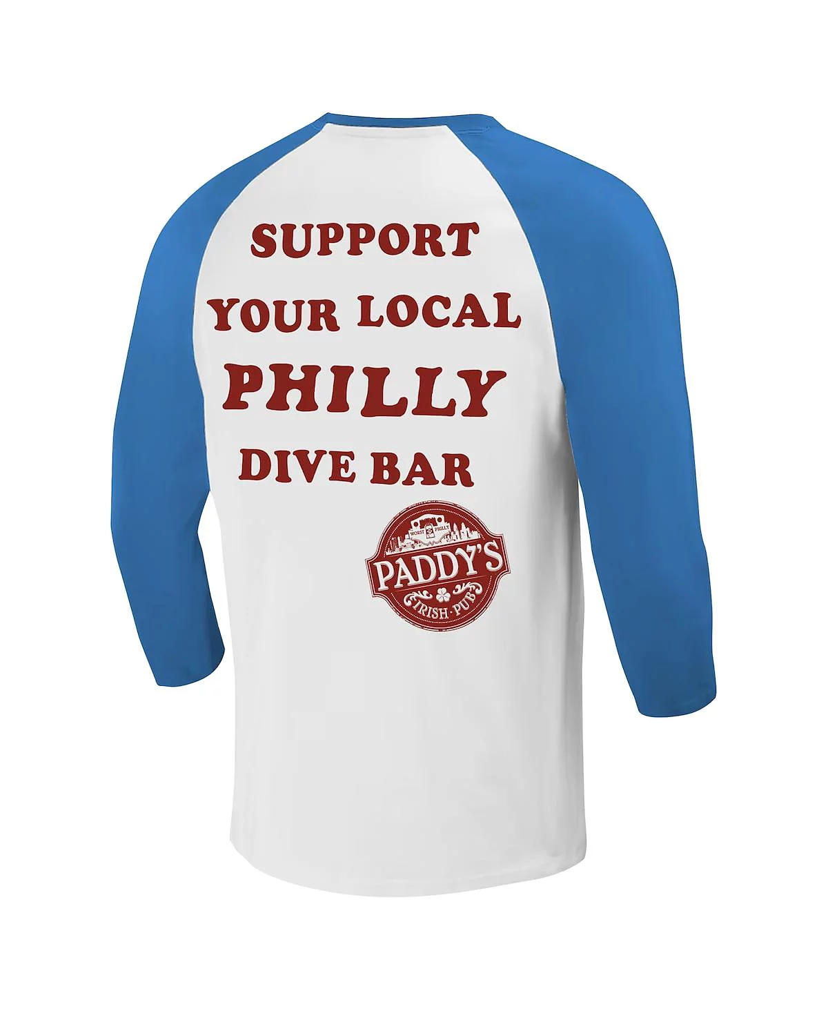 Ripple Junction Men's White/Royal It's Always Sunny in Philadelphia Philly Dive Bar Raglan T-Shirt