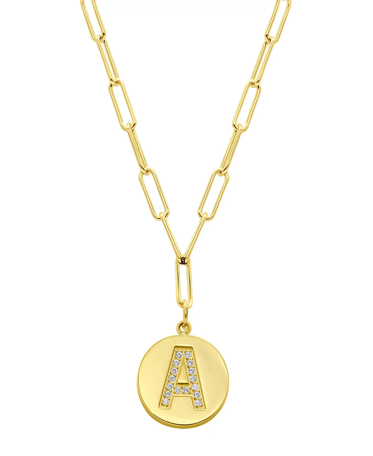 ADORNIA Tarnish Resistant 14K Gold Plated Pave Crystal Initial Disc Paperclip Necklace 5590₽