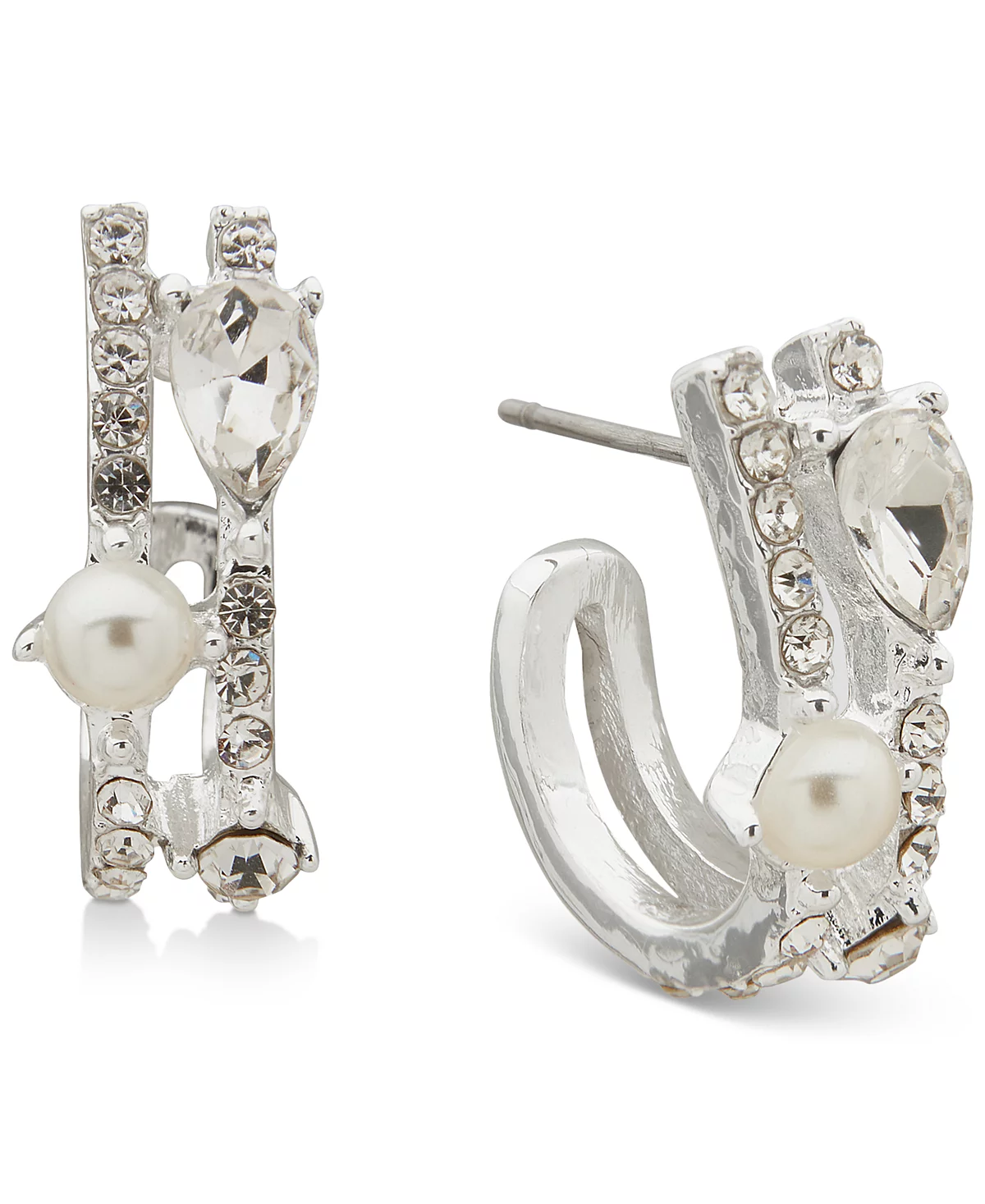 Anne Klein Silver-Tone Crystal - Imitation Pearl Two Row C Hoop Earrings 2490₽