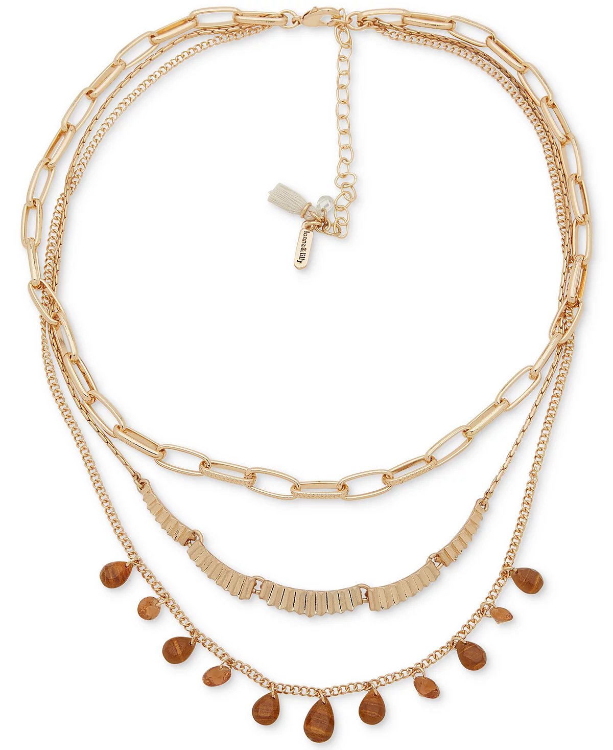 lonna - lilly Gold-Tone Brown Stone Multi Chain Frontal Necklace, 16