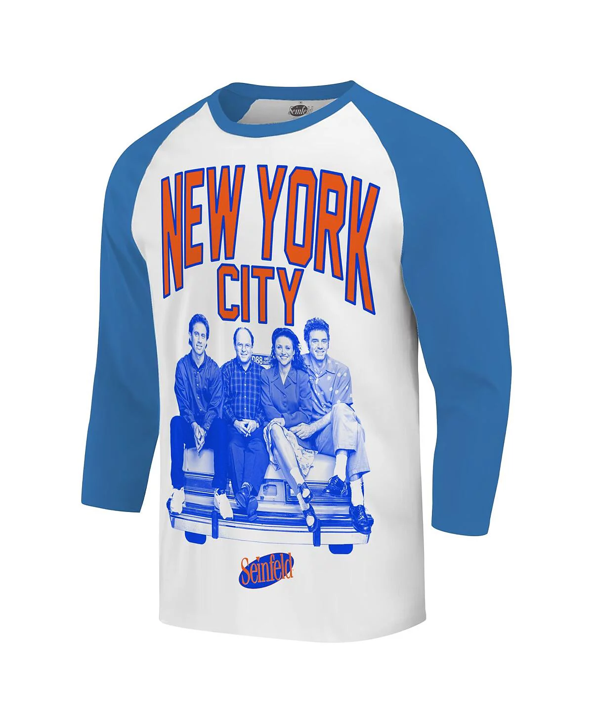 Ripple Junction Men's White/Royal Seinfeld New York City Baseball 3/4-Sleeve Raglan T-Shirt