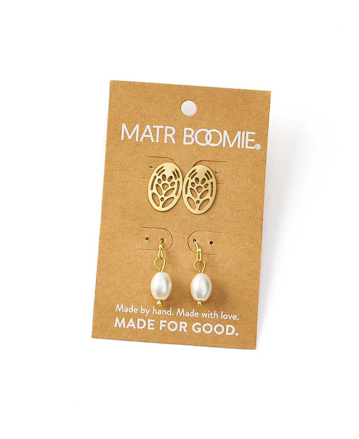 Matr Boomie Adhya Cultured Pearl and Oval Stud Earrings, Set of 2