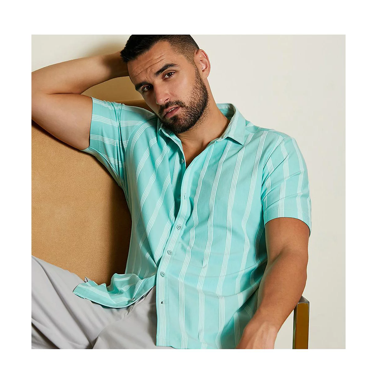 Campus Sutra Mens Aqua Blue Unbalanced Striped Shirt 10390₽