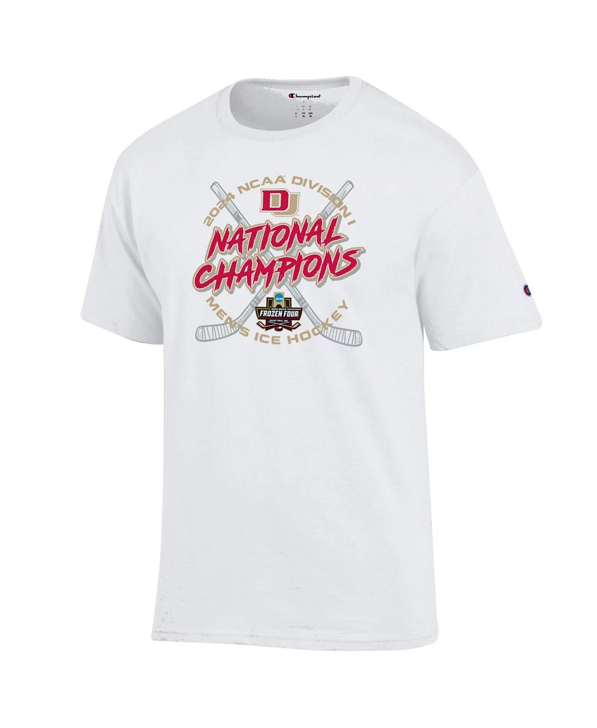 Мужская футболка Champion's White Denver Pioneers 2024 NCAA Frozen Four для мужского турнира по хоккею с шайбой в раздевалке чемпионов