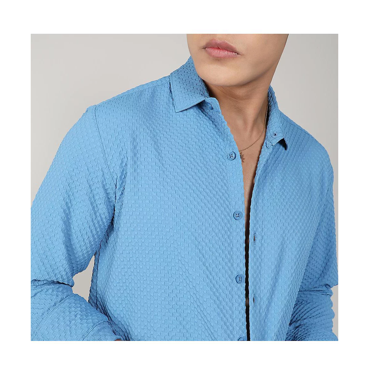 Mens Sky Blue Textured Micro Buffalo Check Shirt 10390₽