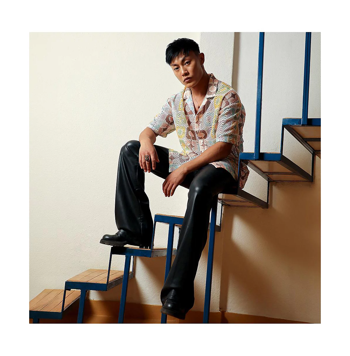 Mens Lemon Yellow - Chocolate Brown Geometric Block Oversized Shirt 10390₽