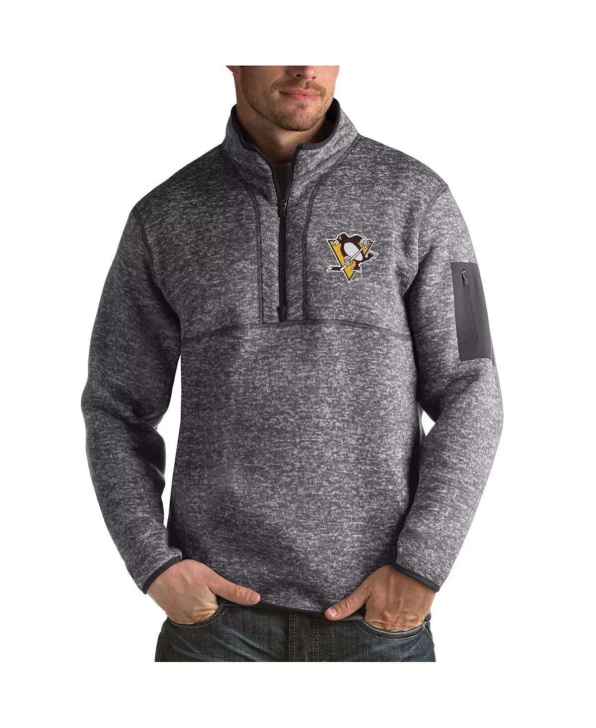 Antigua Mens Charcoal Pittsburgh Penguins Fortune 12-Zip Pullover Jacket 21890₽