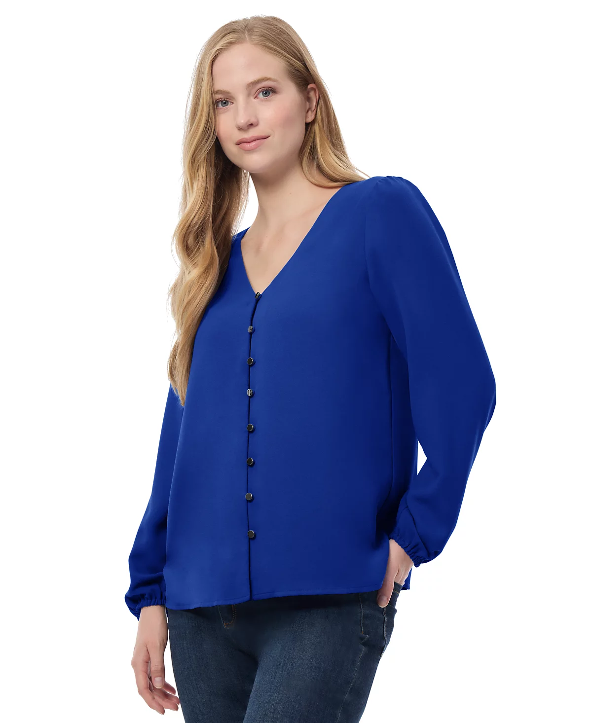 Jones New York Womens V Neck Button Front Top with Long Sleeves Jasper Crepe 5990₽